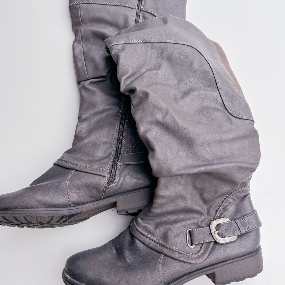 BareTraps Gray Mid-Calf Buckle Heeled Boots